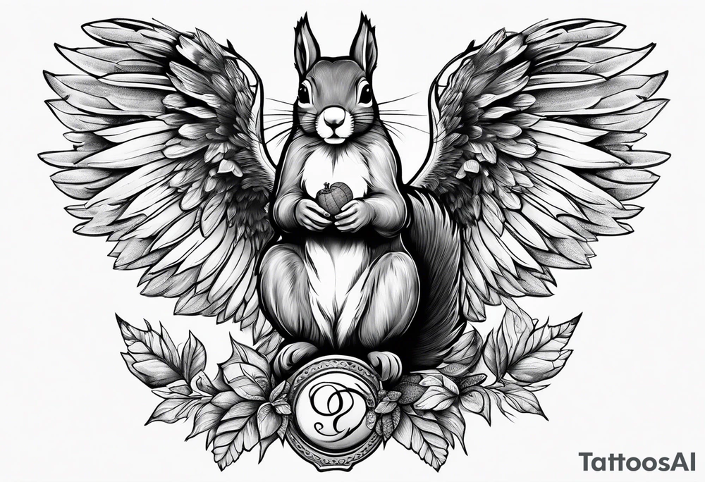 Squirrel with angel wings holding an acorn tattoo idea