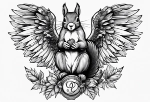 Squirrel with angel wings holding an acorn tattoo idea