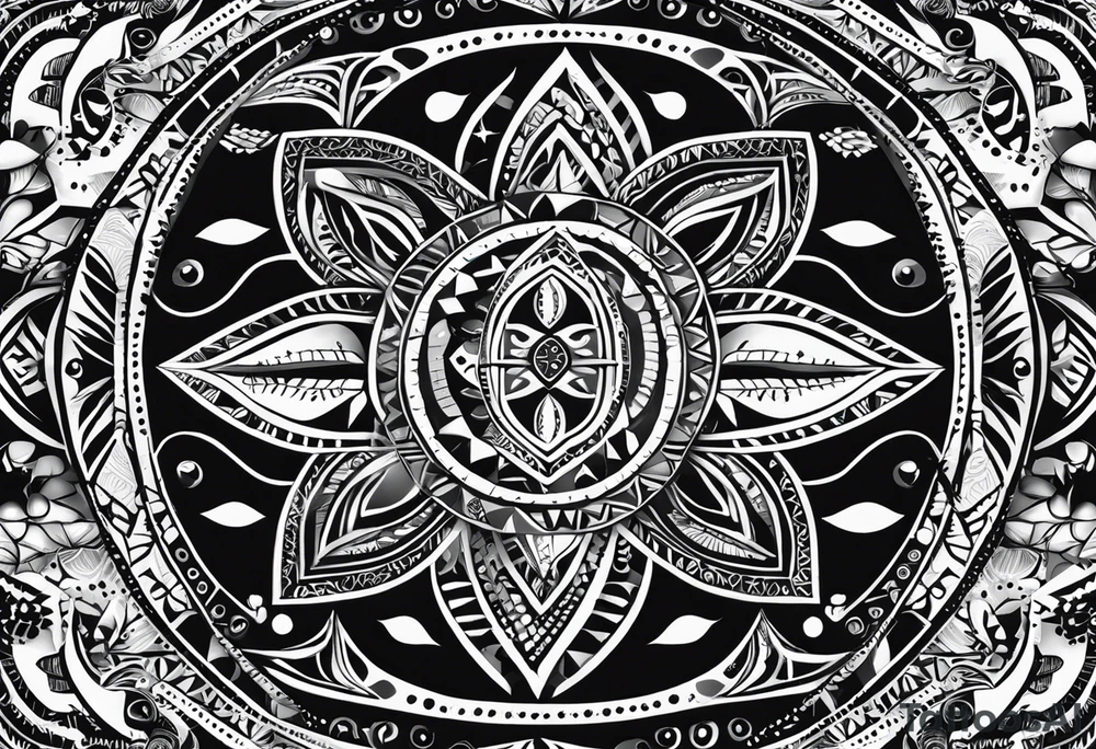 Tatouage ornement noir et blanc. Forme géométrique en longueur avec des signes aborigène australiens désignant les kangourous, la vie. Puis dessiner un soleil, des vagues et des feuilles en rapport à l’Australie ou Bali. Lignes très fines. tattoo idea