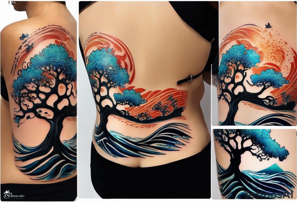 an abstract Tree of Life tattoo. It should have roots growing out of the bottom. The roots slowly turn into water from the Great Wave by Hokusai. A golf flag should be placed discreetly growing out of the ground. 2 license plate tags should be hanging from the tree. Place a few music notes in the areas the leaves should be. The letters A U should be engraved into the tree trunk in a heart. tattoo idea