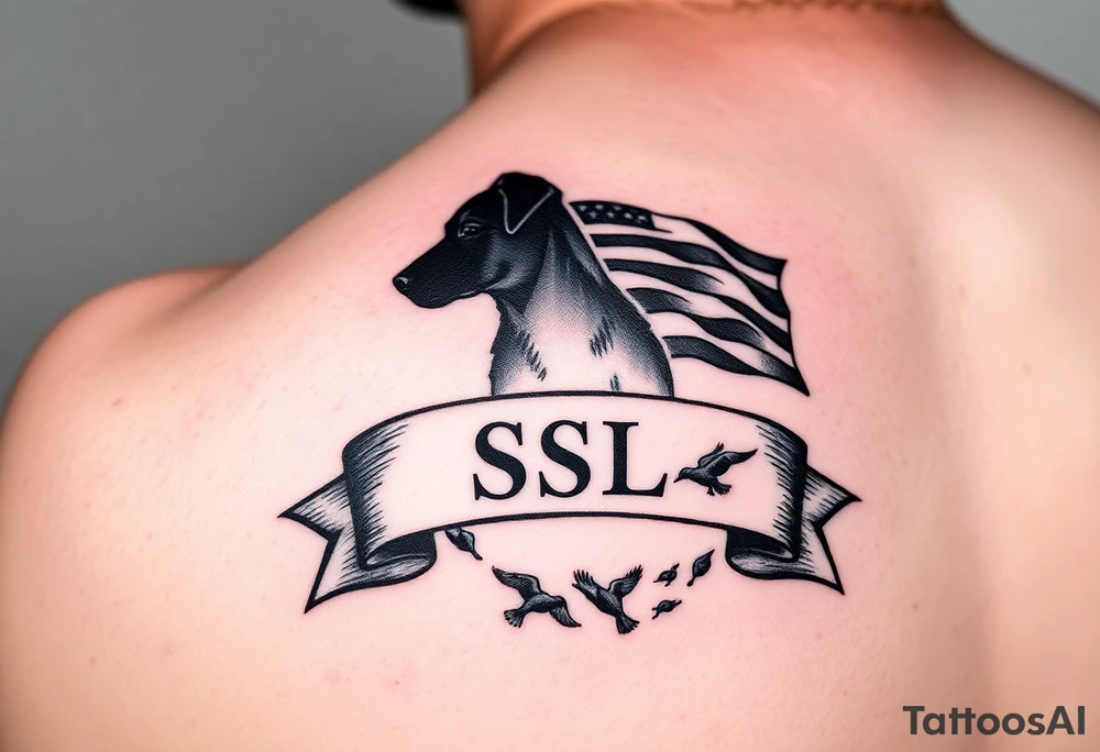 Small forearm Hunting tattoo featuring an upland dog silhouette, Italian flag and American flag, SSL initials inside a banner, with some ducks in sky tattoo idea