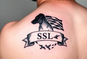 Small forearm Hunting tattoo featuring an upland dog silhouette, Italian flag and American flag, SSL initials inside a banner, with some ducks in sky tattoo idea