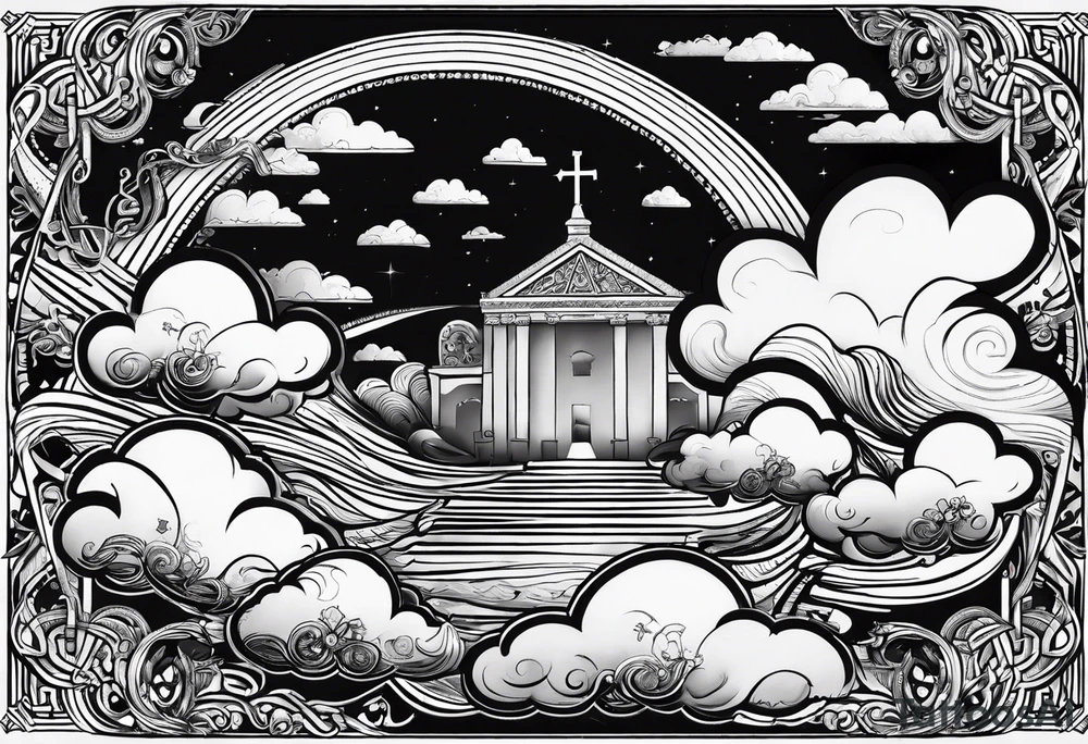 clouds with lettering of something in the bible with a face and like a journey being the face with jice eyes tattoo idea