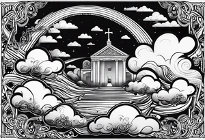 clouds with lettering of something in the bible with a face and like a journey being the face with jice eyes tattoo idea
