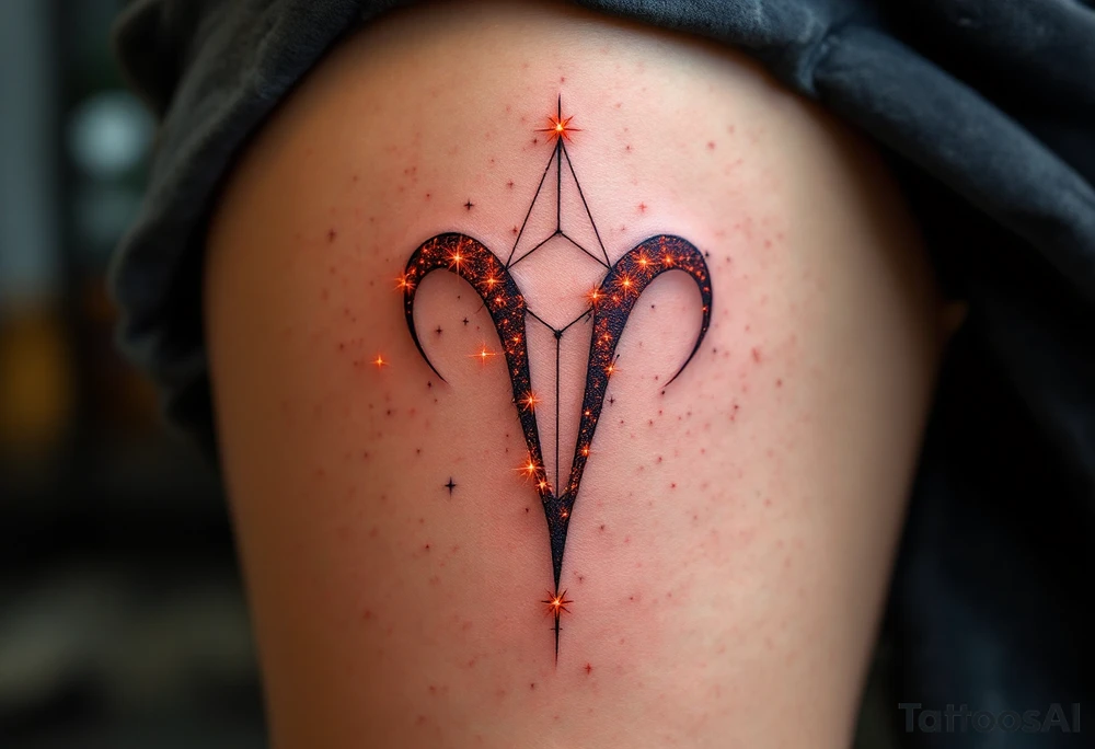 A stylized Aries star constellation is inked in electric red with small fire-like sparks around each star with Aries zodiac sign. tattoo idea