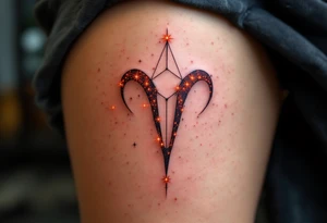 A stylized Aries star constellation is inked in electric red with small fire-like sparks around each star with Aries zodiac sign. tattoo idea