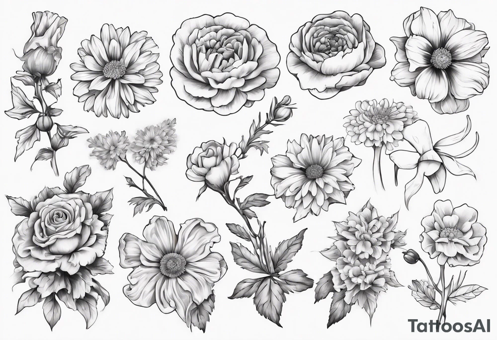 a sleeve tattoo of Marigold flowers, Cosmos flowers, Chrysanthemum flowers, Narcissus flowers, Holly flowers, roses and honeysuckles. tattoo idea