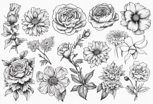 a sleeve tattoo of Marigold flowers, Cosmos flowers, Chrysanthemum flowers, Narcissus flowers, Holly flowers, roses and honeysuckles. tattoo idea