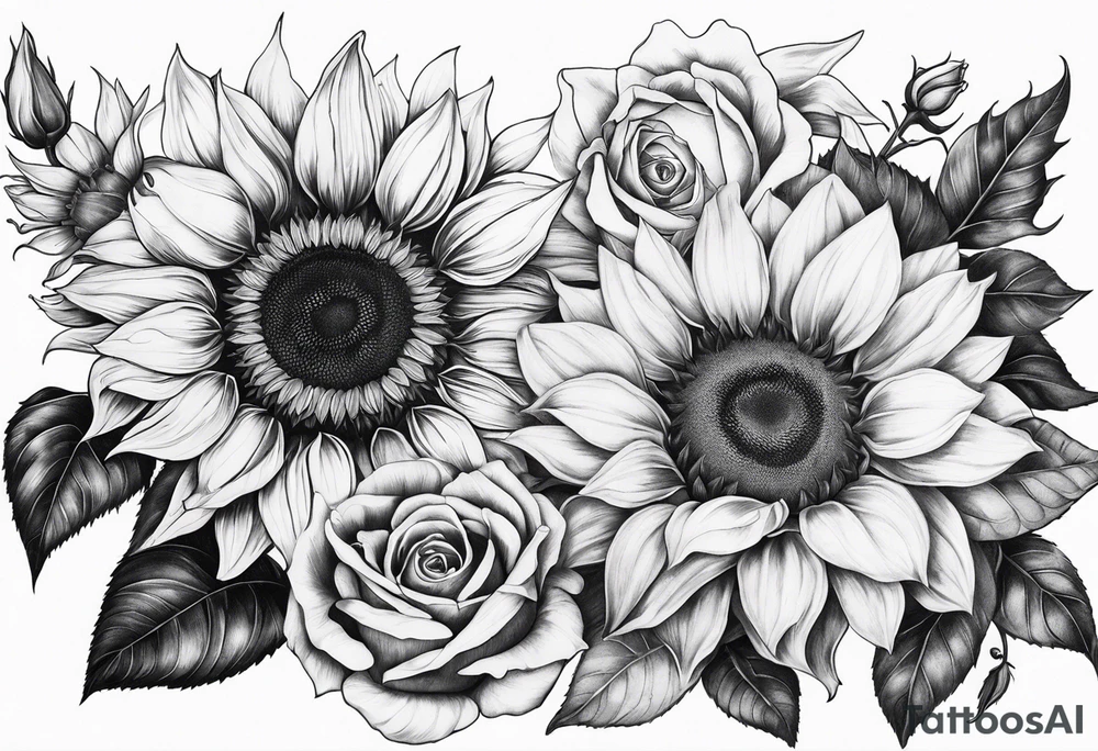 Sunflower, rose flower tattoo idea