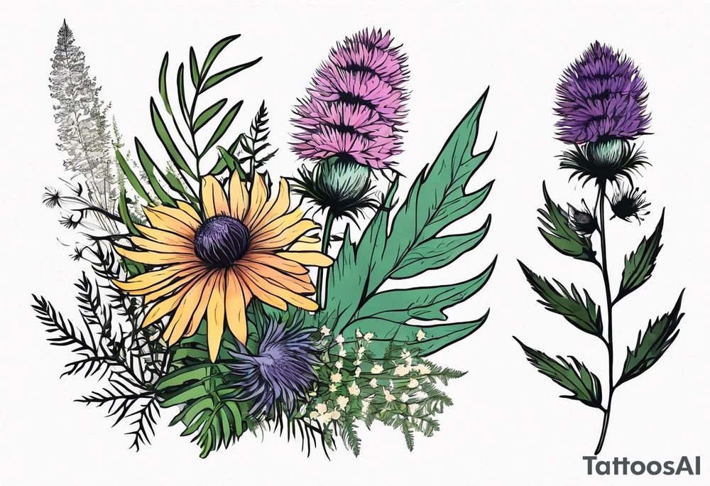 spread out mixed wildflower bouquet with ferns, thistle and with rcolor tattoo idea
