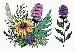 spread out mixed wildflower bouquet with ferns, thistle and with rcolor tattoo idea
