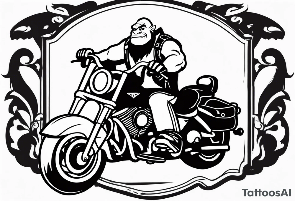 Shrek wearing leather riding a Harley Davidson tattoo idea