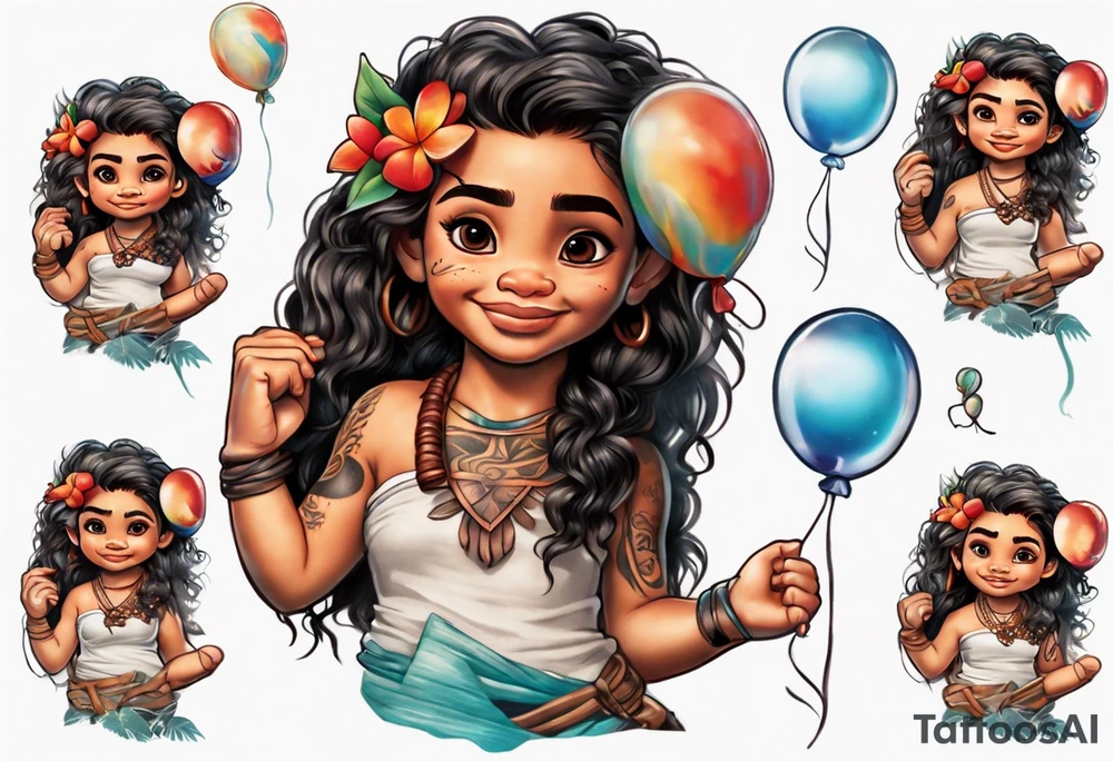 baby moana holding balloons tattoo idea
