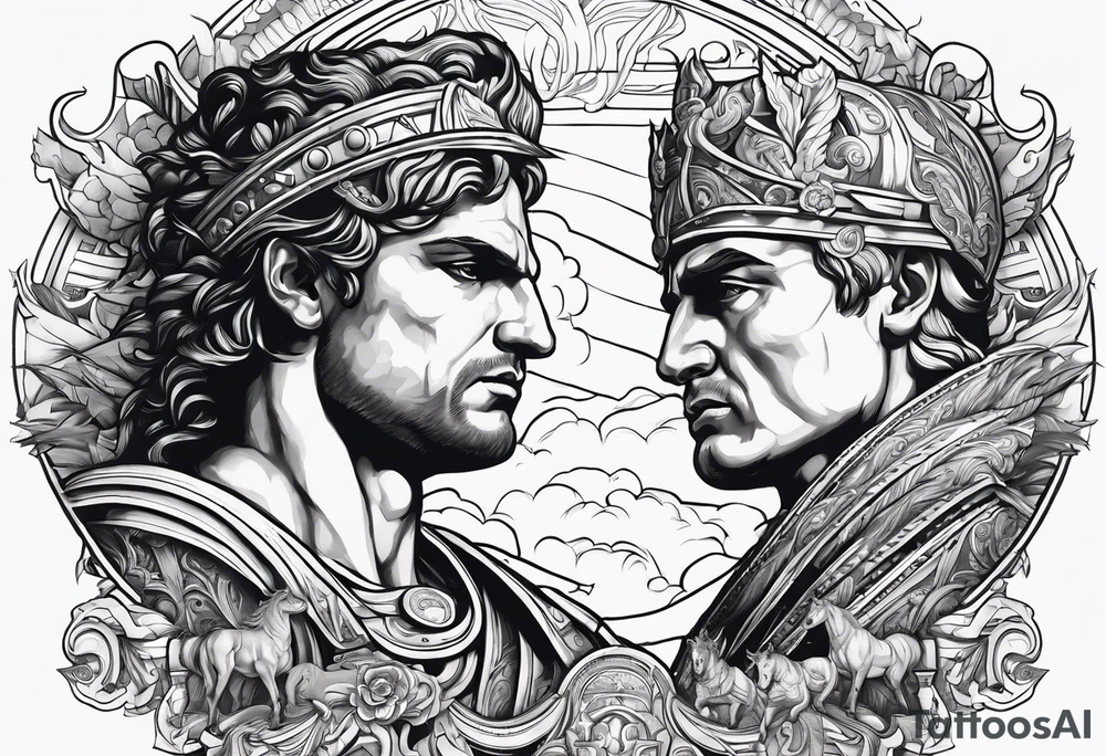 rome, fight, freedom, gods, mytology, fire, hourses, clouds, tattoo idea