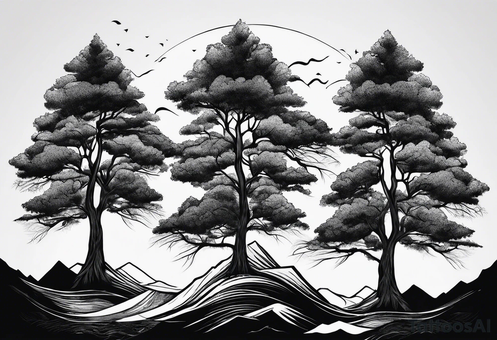 Three mountains three trees with roots tattoo idea Three mountains three trees with roots tattoo idea