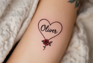 A simple black heart outline, with name "Oliver" elegantly engraved inside, accompanied by a small red rose at the bottom, representing timeless love. tattoo idea