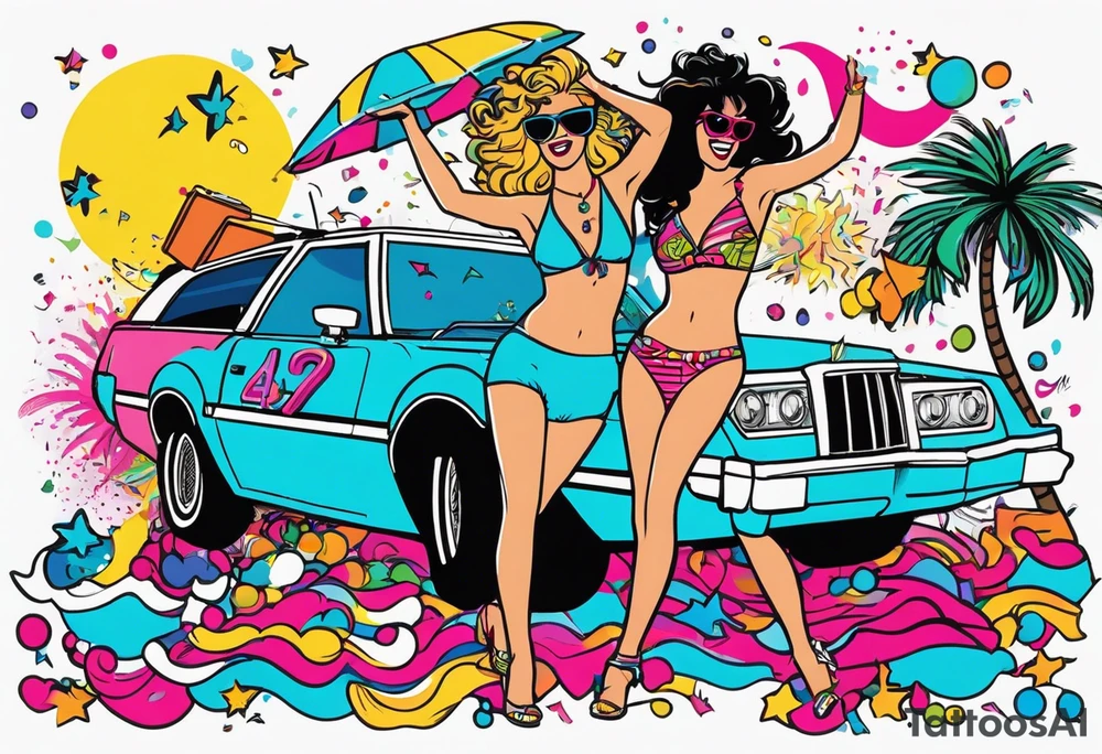 1980's miami vice style beach dance 
party, include confetti, music notes, boom box, bikinis tattoo idea