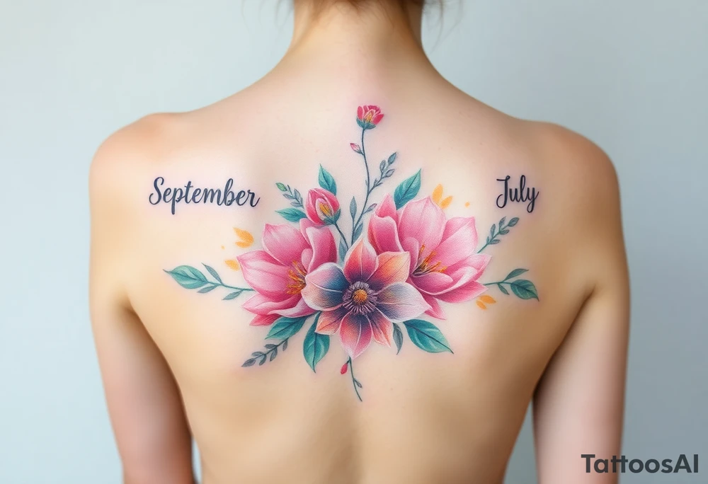 Looking for a cover-up tattoo with birthday month flowers pastel colors for months September, January, June, May, and July. tattoo idea