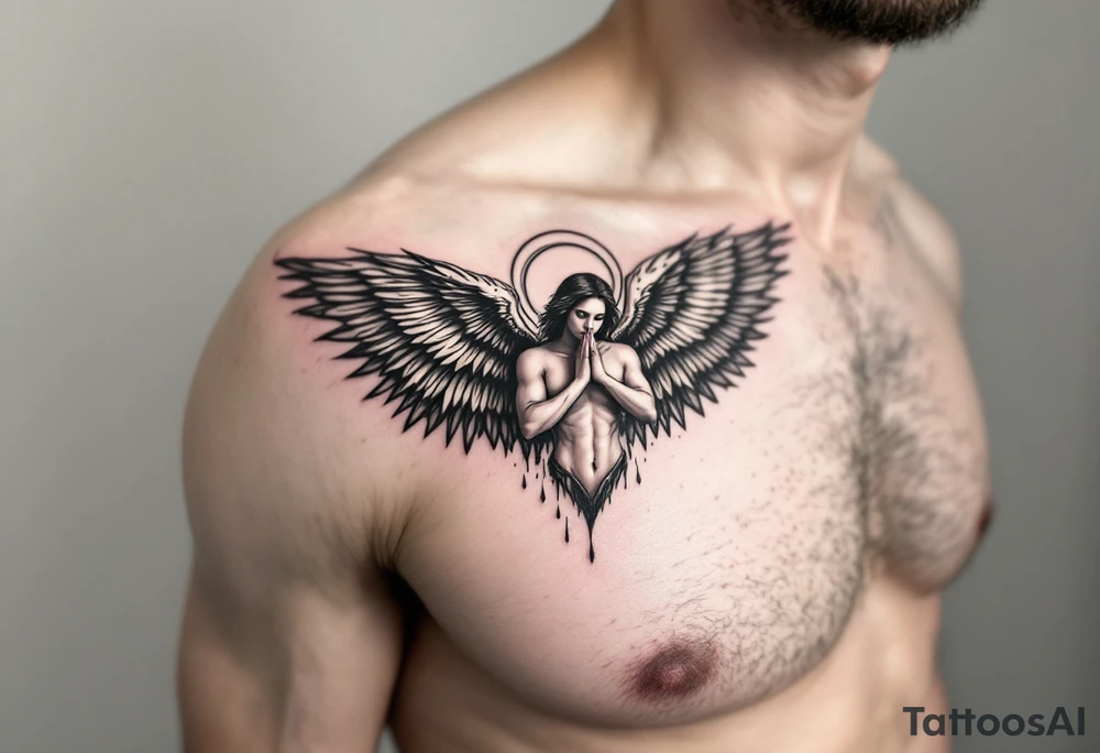 Angel on shoulder with wings going over chest and shoulder blade tattoo idea