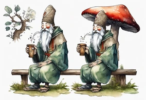 a kodama with a long beard wearing a mushroom hat and a medieval tunic drinking from a wood cup, sitting on a bench laughing tattoo idea