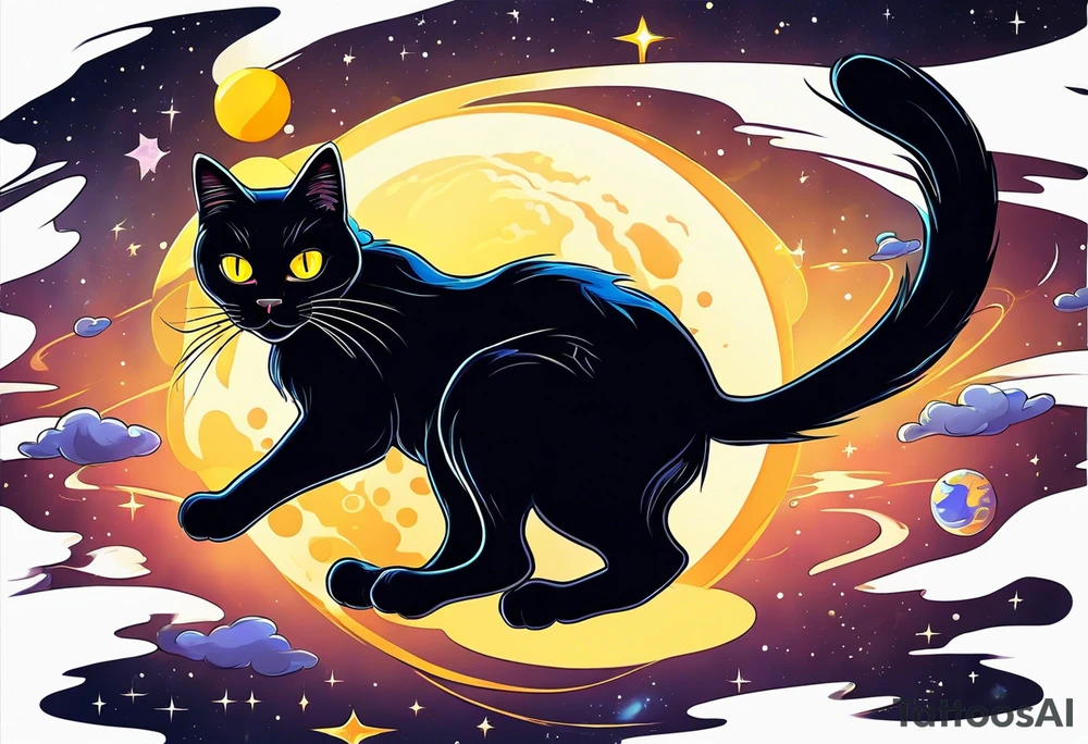 Black Cat with yellow eyes, floating in space tattoo idea