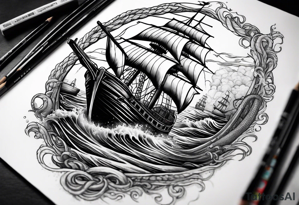The Kraken coming out of the water and splitting a boat in half. tattoo idea