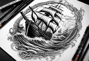 The Kraken coming out of the water and splitting a boat in half. tattoo idea