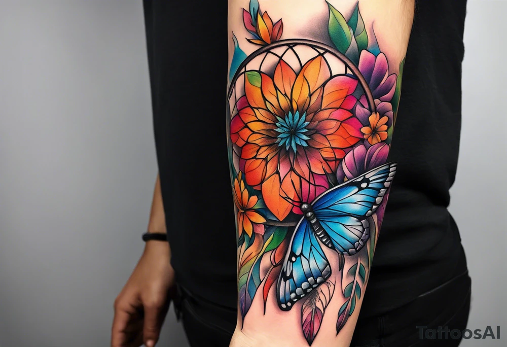 arm sleeve with dreamcatcher, rainbow flowers and one butterfly tattoo idea