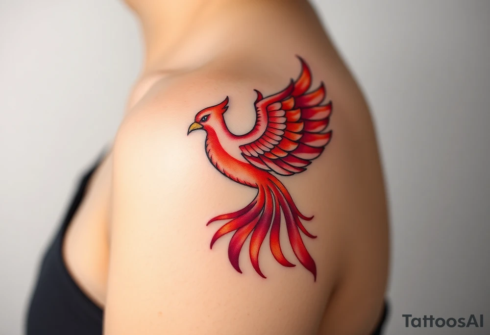 Square, phoenix rising from fire, colors red, pink, orange and purple. tattoo idea
