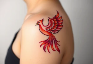 Square, phoenix rising from fire, colors red, pink, orange and purple. tattoo idea
