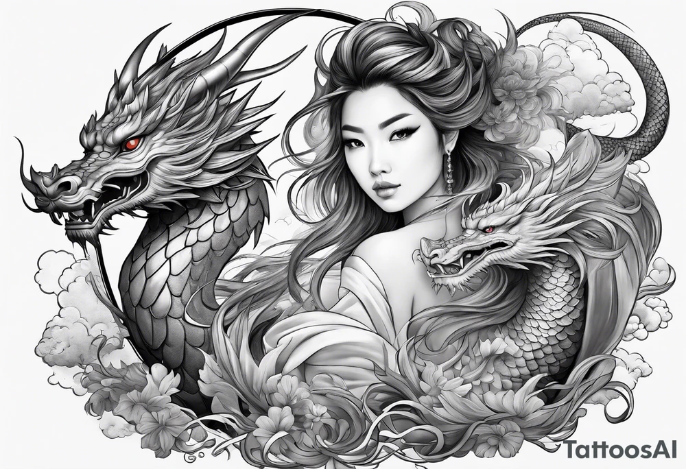 a girl sitting on a asian dragon surrounded by cloud tattoo idea