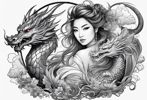 a girl sitting on a asian dragon surrounded by cloud tattoo idea