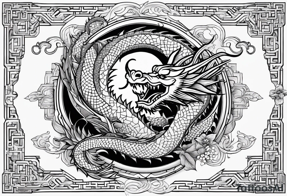 Boussole avec toute les directions avec dragon asiatique avec leur perle tattoo idea