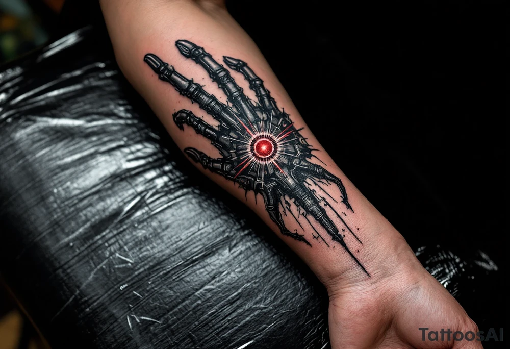 A shadowy humanlike mechanical arm inked in matte black with accents of silver and a central pulsar in deep red. tattoo idea
