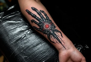 A shadowy humanlike mechanical arm inked in matte black with accents of silver and a central pulsar in deep red. tattoo idea