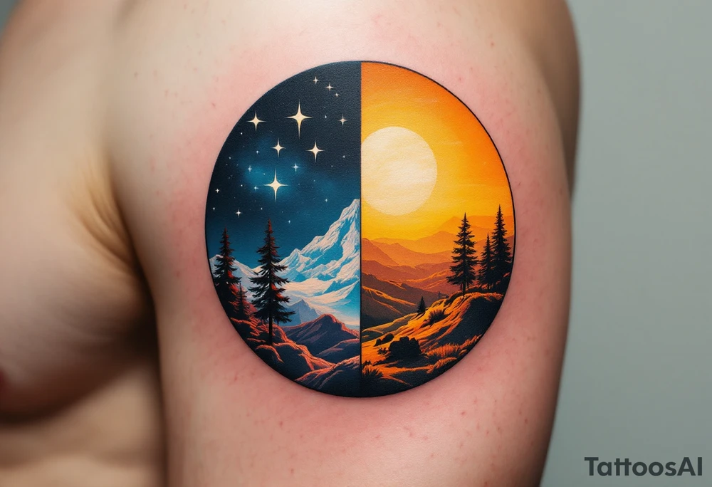 A circle divided into half night (deep navy and stars) and half day (golden sunrise hues). tattoo idea