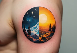 A circle divided into half night (deep navy and stars) and half day (golden sunrise hues). tattoo idea