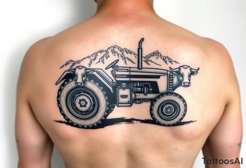 massey Ferguson tractor, cow and mountian tattoo idea