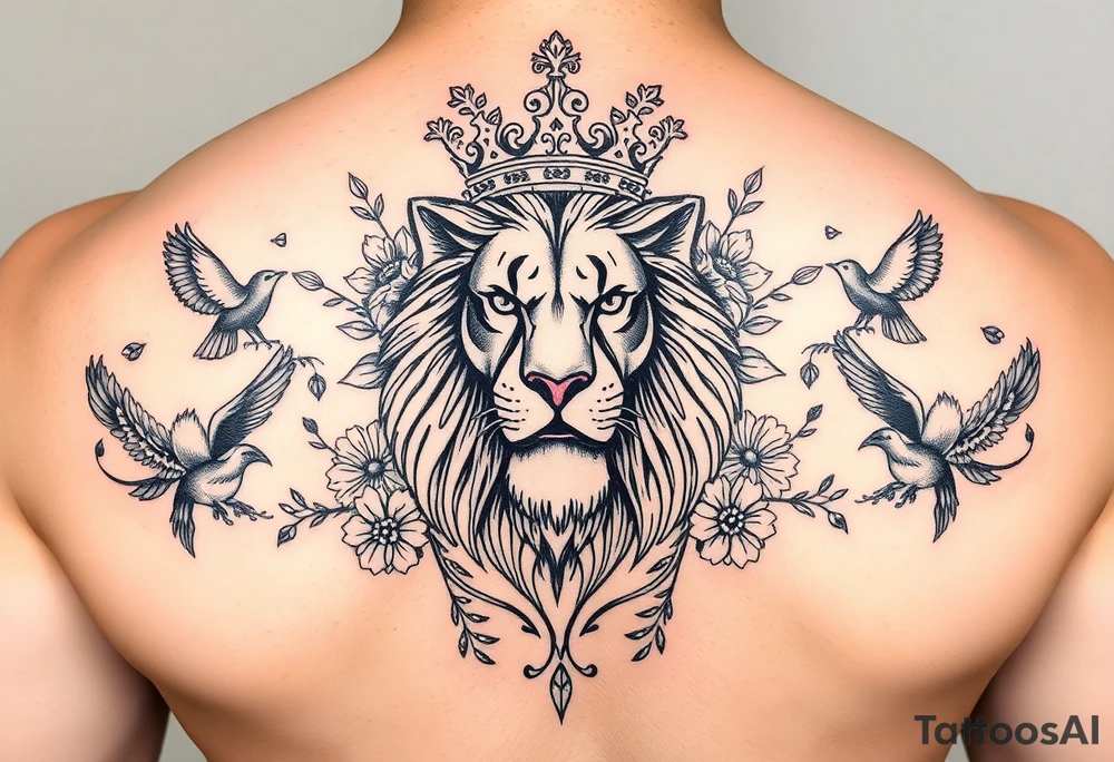 powerful majestic lion with a crown, surrounded by floral ornaments and birds tattoo idea