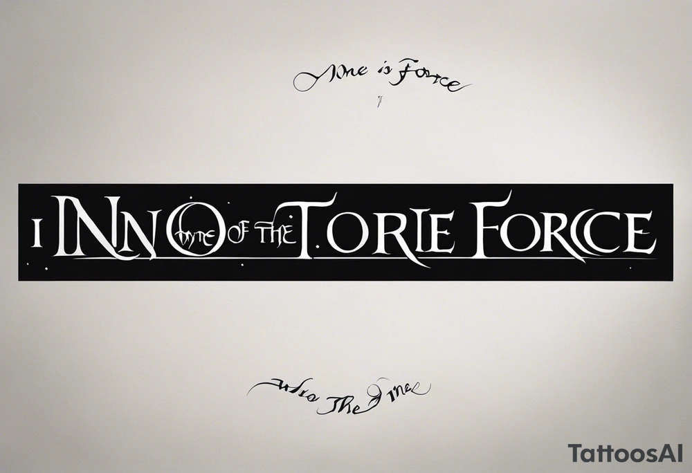 Create a tattoo design for the inner forearm. The main element should be the silhouettes of the nine characters from 'The Lord of the Rings' embarking on their journey, positioned on top of the Narsil sword. Surrounding the main design, include the text 'I'm One with the Force, and the Force is with me.' written in Elvish script. The design should be sleek and fit naturally on the inner forearm, with the silhouettes and sword being the central focus, while the Elvish script elegantly encircles the design. tattoo idea