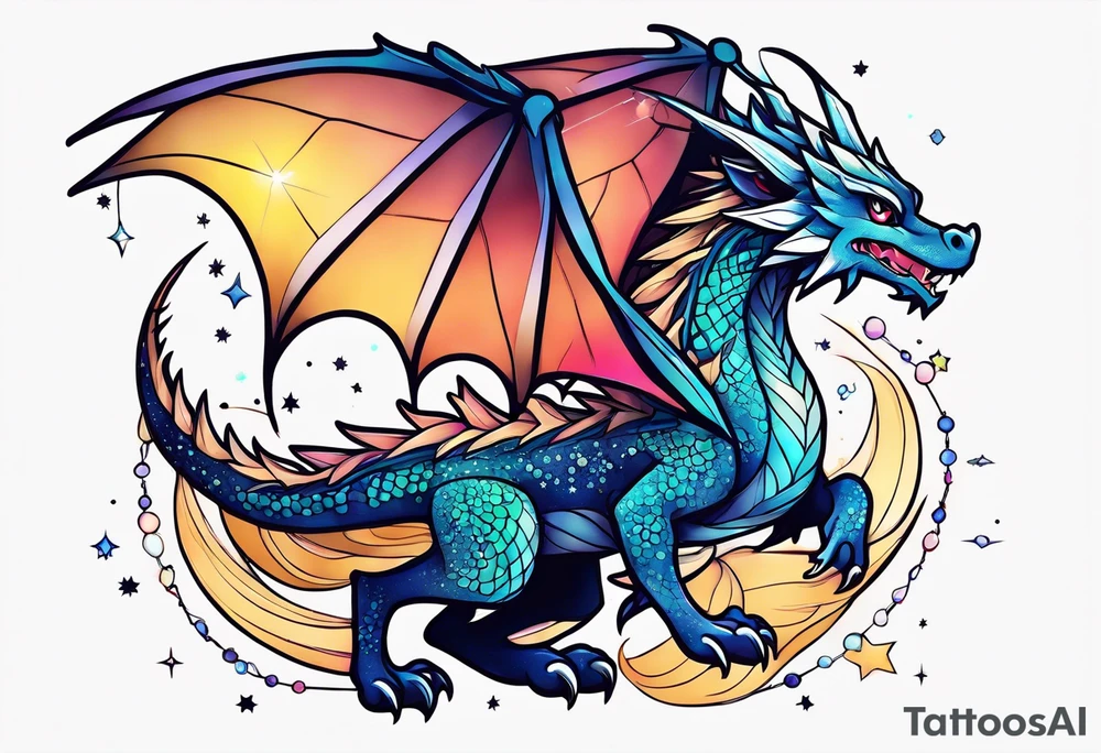 Constellation, kawaii dragon, snowflake tattoo idea