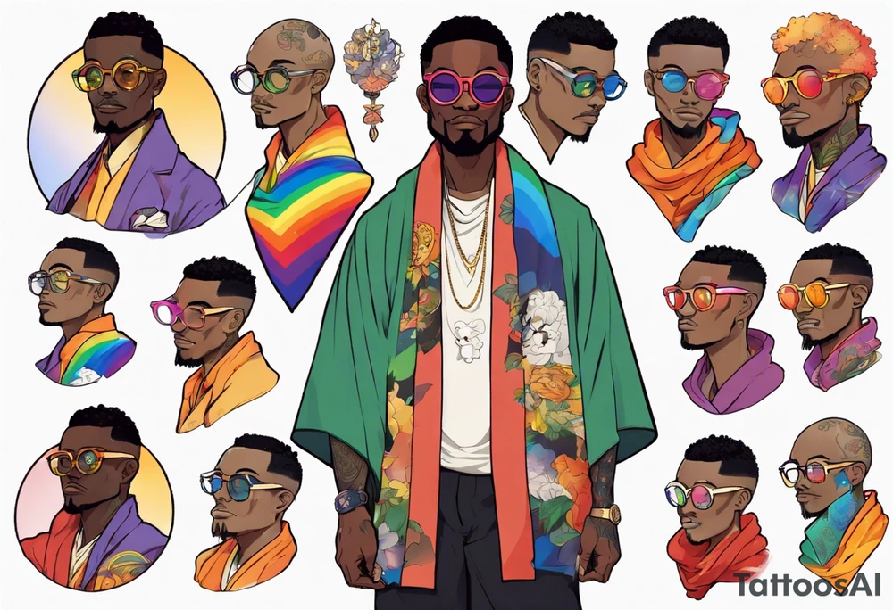 a handsome black man wearing round glasses and a rainbow cloak tattoo idea