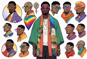 a handsome black man wearing round glasses and a rainbow cloak tattoo idea