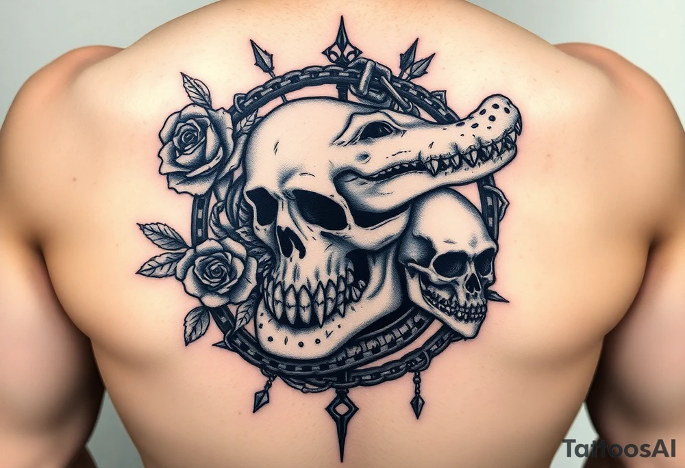 gothic fairy tale vibe we talked about: dark, thorny roses, skulls peeking through shadows, a bit of wild creature energy. Not perfect matches, but imagine tweaking 'em—rose from the eye, gator coiled like a guardian. This one's got that moody frame, vines creeping in—easy to swap in your Tudor rose and skull. Full-back chaos with skulls and chains... add the alligator jaws clamping down, and boom. tattoo idea