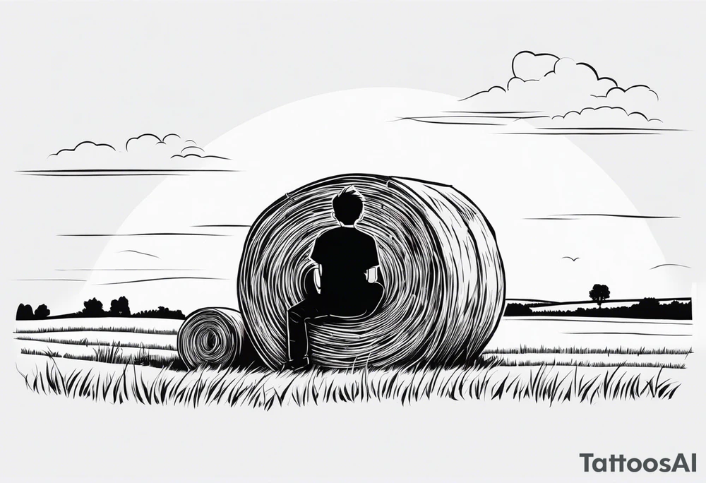 A boy sitting on top of a twisted bale of hay in a field where you can see the same bales of hay in the distance, and a tattoo idea