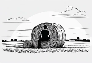 A boy sitting on top of a twisted bale of hay in a field where you can see the same bales of hay in the distance, and a tattoo idea