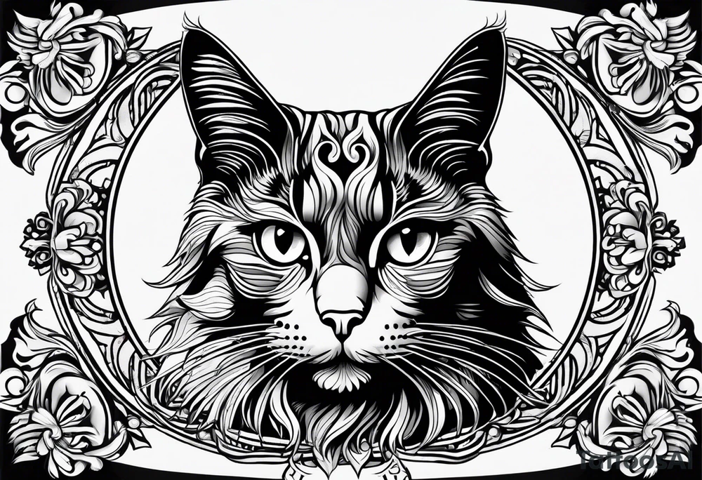 Long hair cat, regal, face black and white tattoo idea