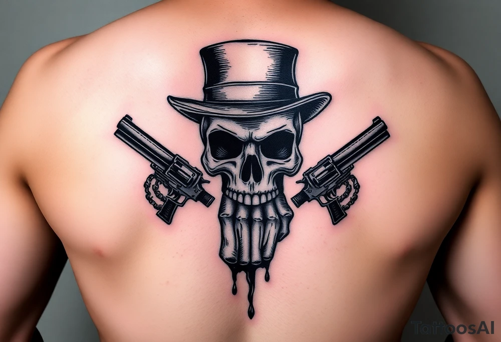 voodoo skull, top hat, dead mans card hand, six guns tattoo idea