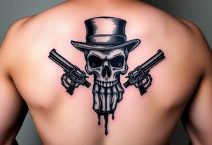 voodoo skull, top hat, dead mans card hand, six guns tattoo idea