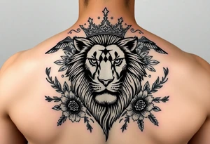 powerful majestic lion with a crown, surrounded by floral ornaments and birds tattoo idea